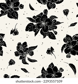 Floral seamless pattern with black flowers. Vector monochrome background with black cherry flowers for textile print, fabric, wrapping.