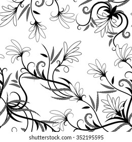 Floral seamless pattern. Black flowers on white background. Vector illustration