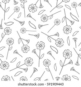 Floral seamless pattern. Black flowers on the white background