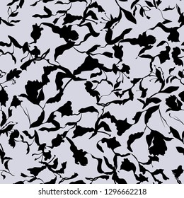 Patrón floral sin fisuras. Hojas negras, flores, tulipanes, iris, plantas sobre fondo gris pálido. Hermosa ilustración vectorial.