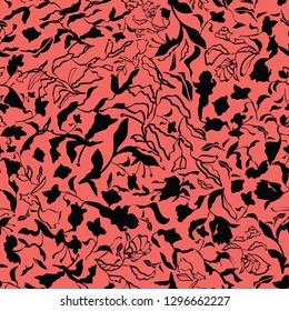 Floral seamless pattern. Black leaves, flowers, tulips, irises, plants on coral. Beautiful vector illustration.