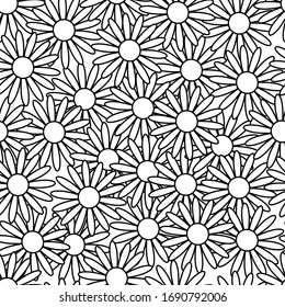 Floral seamless pattern. Black line flowers on the white background. Chamomile. Vector illustration.