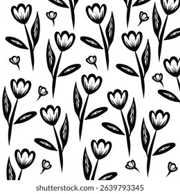 Floral seamless pattern, Black line art flowers on white background seamless pattern
