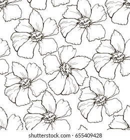 Floral seamless pattern. Black outlines flowers on white background. Suitable for packing, Wallpaper, printing, cosmetics, soaps. Vector illustration