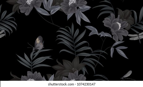 Floral seamless pattern, black paenia lactiflora flowers,balloon flowers, palm leaves, butterfly, dragonfly on black background Floral seamless pattern, black paenia lactiflora flowers,balloon flowers, palm leaves, butterfly, dragonfly on black background