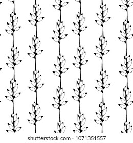 Floral seamless pattern. Black plants on white background. Fabric design, wallpaper