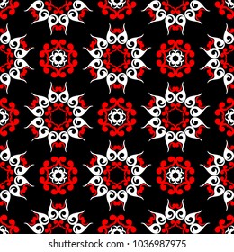 Floral seamless pattern. Black red and white background for wallpapers, textile and fabrics