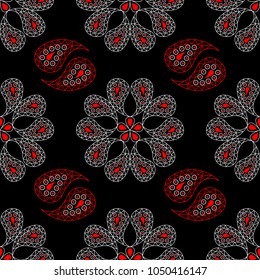 Floral seamless pattern. Black red white background for wallpapers, textile and fabrics