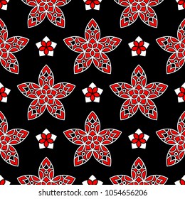 Floral seamless pattern. Black red and white background for wallpapers, textile and fabrics.