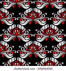 Floral seamless pattern. Black red white background for wallpapers, textile and fabrics