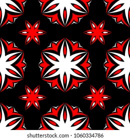 Floral seamless pattern. Black red and white background for wallpapers, textile and fabrics.