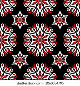 Floral seamless pattern. Black red white background for wallpapers, textile and fabrics