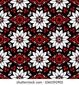 Floral seamless pattern. Black red white background for wallpapers, textile and fabrics