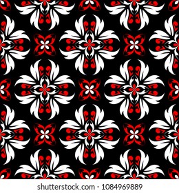 Floral seamless pattern. Black red white background for wallpapers, textile and fabrics