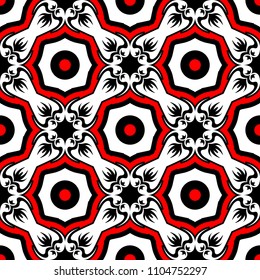 Floral seamless pattern. Black red and white background for wallpapers, textile and fabrics.