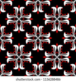 Floral seamless pattern. Black red white background for wallpapers, textile and fabrics