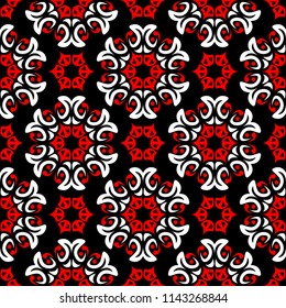 Floral seamless pattern. Black red and white background for wallpapers, textile and fabrics