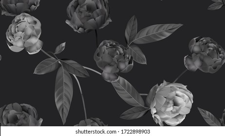 Floral seamless pattern, black roses on dark grey