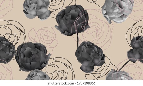 Floral seamless pattern, black roses on bright brown