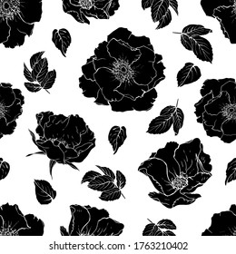Floral sin costuras con flores de silueta negra rosa y hojas. Dibujado a mano. Para el diseño textil, papel de pared, papel de envoltura, impresiones. Ilustración de material vectorial.
