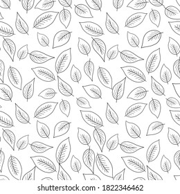 Floral seamless pattern with black silhouette leaves on white background. Tropic branches. Fashion vector stock illustration for wallpaper, posters, card, fabric, textile.