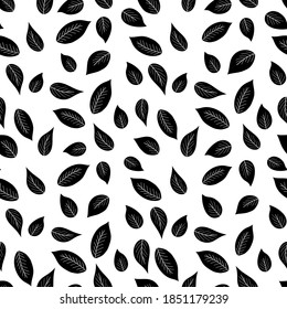 Blumennahtloses Muster mit schwarzen Silhouettenblättern auf weißem Hintergrund. Tropische Zweige. Fashion Vektorgrafik für Tapeten, Poster, Karte, Gewebe, Textilien.