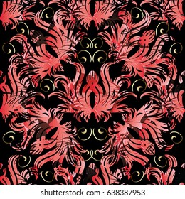 Floral  seamless pattern. Black  vector damask background wallpaper illustration with vintage hand drawn red  flowers, swirl scroll leaves and antique ornaments in Victorian Baroque style.