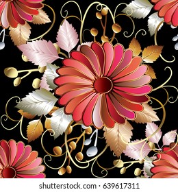 Floral seamless pattern, Black vector floral  background wallpaper illustration with vintage 3d red flowers, swirl gold leaves and  beautiful  ornate damask 3d ornaments in Baroque Victorian style. 