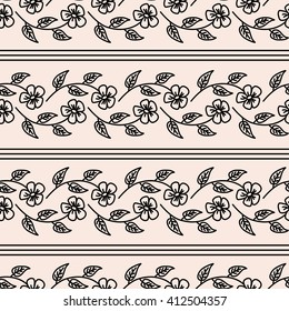 Floral seamless pattern with black weaving flowers and stripes on beige background
