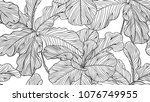 Floral seamless pattern, black and white fiddle leaf fig on white background, line art ink drawing