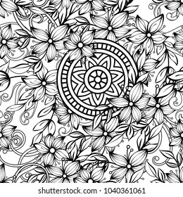 Floral seamless pattern in black and white. Adult coloring book page with flowers and mandalas. Hand drawn vector illustration. Doodles background