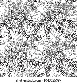 Floral seamless pattern in black and white. Adult coloring book page with flowers and mandalas. Hand drawn vector illustration. Doodles background