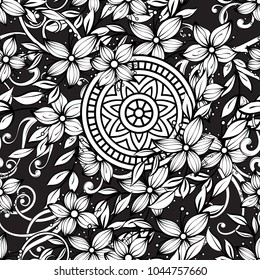 Floral seamless pattern in black and white. Adult coloring book page with flowers and mandalas. Hand drawn vector illustration black background