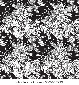 Floral seamless pattern in black and white. Adult coloring book page with flowers and mandalas. Hand drawn vector illustration black background