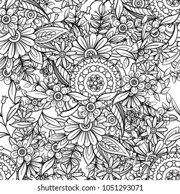 Floral seamless pattern in black and white. Adult coloring book page with flowers and mandalas. Hand drawn vector illustration. Doodles background