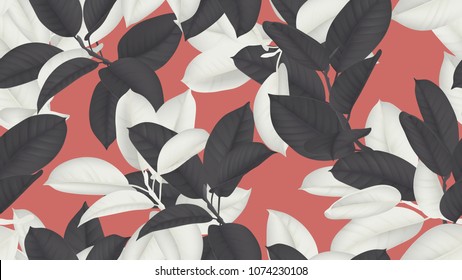 Floral seamless pattern, black and white Ficus Elastica / rubber plant on red background Floral seamless pattern, black and white Ficus Elastica / rubber plant on red background