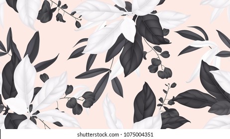 Floral seamless pattern, black and white magnolia leaves, eucalyptus leaves on light orange background