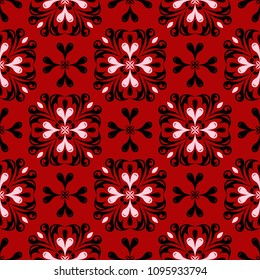 Floral seamless pattern. Black and white design on red background,  for wallpapers and textile