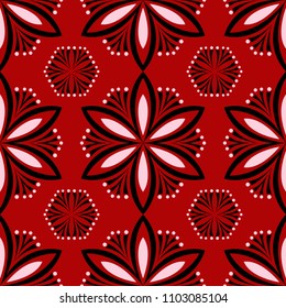 Floral seamless pattern. Black and white design on red background,  for wallpapers and textile
