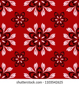 Floral seamless pattern. Black and white design on red background,  for wallpapers and textile