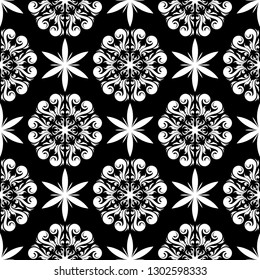  Floral seamless pattern. Black and white dark background
