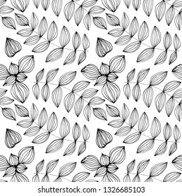 Floral seamless pattern black and white. Leaf monochrome simple doodle.