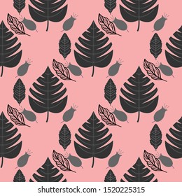 Floral seamless pattern, black and white plant on pink background, line art ink drawing - Vector
