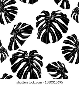 Floral seamless pattern, black and white split-leaf Philodendron monstera plant on white background, line art ink drawing.
