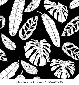 Floral seamless pattern, black and white, many kind of leaf plant on black background, line art ink drawing.