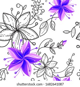 Floral seamless pattern with black, white and purple 5 petal flowers. Vector art for fashion, textile, fabric, floral wrapping paper, coloring book design. 