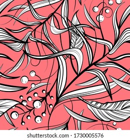 Floral seamless pattern with black and white flowers, leafs, berries. Vector line art for coloring book design, fashion, textile, greeting cards, gift wrapping paper, scrapbooking. Coral background
