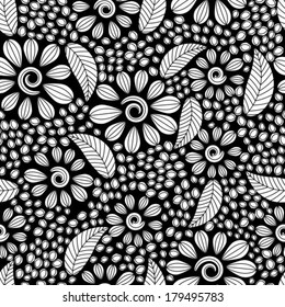 Floral seamless pattern with black and white flowers 