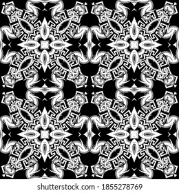 Floral seamless pattern. Black and white greek background. Vector tribal celtic style repeat ornament. Branches with thorns, flowers, geometric shapes. Abstract ethnic design. Greek key, meander.