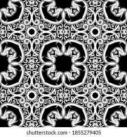 Floral seamless pattern. Black and white greek background. Vector tribal celtic style repeat ornament. Branches with thorns, flowers, geometric shapes. Abstract ethnic design. Greek key, meander.